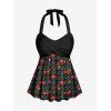 ROSE GAL Women Plus Size Two Piece Tankini Swimsuits Retro Cherry Dots Print Halter Cinched Ruched Modest Bathing Suits(Black)