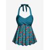 ROSE GAL Women Plus Size Two Piece Tankini Swimsuits Retro Cherry Dots Print Halter Cinched Ruched Modest Bathing Suits(Blue_2)