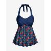 ROSE GAL Women Plus Size Two Piece Tankini Swimsuits Retro Cherry Dots Print Halter Cinched Ruched Modest Bathing Suits(Deep Blue)