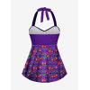 ROSE GAL Women Plus Size Two Piece Tankini Swimsuits Retro Cherry Dots Print Halter Cinched Ruched Modest Bathing Suits(Purple)