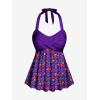 ROSE GAL Women Plus Size Two Piece Tankini Swimsuits Retro Cherry Dots Print Halter Cinched Ruched Modest Bathing Suits(Purple)