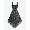 Rosegal Plus Size Halloween Costume Tie Dye Rose Print Lace-up Buckled Straps Handkerchief Hem Tank Goth Dress(Black)