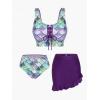 Rosegal Plus Size Women 3 Piece Tankini Swimsuit Holographic Mermaid Scale Print Lace-up Bathing Suit Swimwear(Purple_1)