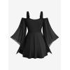 Rosegal Plus Size Women Gothic T-Shirt 2 in 1 Top Cold Shoulder Chiffon Bell Sleeves Rose Flower Print Lace Up Flowy Top(Black)