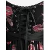 Rosegal Plus Size Women Gothic T-Shirt 2 in 1 Top Cold Shoulder Chiffon Bell Sleeves Rose Flower Print Lace Up Flowy Top(Black)