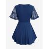 Rosegal Plus Size Womens V Neck Butterfly Lace Overlay Lace-up 2 in 1 Blouse Short Flutter Sleeve Flowy Top(Blue)