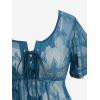Rosegal Plus Size Womens V Neck Butterfly Lace Overlay Lace-up 2 in 1 Blouse Short Flutter Sleeve Flowy Top(Blue_2)