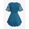 Rosegal Plus Size Womens V Neck Butterfly Lace Overlay Lace-up 2 in 1 Blouse Short Flutter Sleeve Flowy Top(Blue_2)