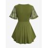 Rosegal Plus Size Womens V Neck Butterfly Lace Overlay Lace-up 2 in 1 Blouse Short Flutter Sleeve Flowy Top(Green)