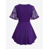 Rosegal Plus Size Womens V Neck Butterfly Lace Overlay Lace-up 2 in 1 Blouse Short Flutter Sleeve Flowy Top(Purple)