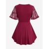 Rosegal Plus Size Womens V Neck Butterfly Lace Overlay Lace-up 2 in 1 Blouse Short Flutter Sleeve Flowy Top(Red)