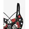 Rosegal Women Plus Size Goth Two Piece Bikini Swimsuit Sets Gothic Skulls Rose Printed Strappy Swimwear(Black_1)