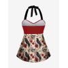 Rosegal Women Plus Size Goth Two Piece Tankini Set Skull Rose Flower Halter Swimsuits(Red_1)