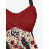 Rosegal Women Plus Size Goth Two Piece Tankini Set Skull Rose Flower Halter Swimsuits(Red_1)