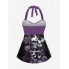 Rosegal Women Plus Size Goth Two Piece Tankini Swimsuit Set Skulls Rose Twist Halter Backless Padded Swimwear(Purple_1)
