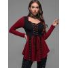 Rosegal Women Plus Size Gothic Lace-up Grommet Ruffles Tee Renaissance Costume Top Long Sleeves Gothic Top(Red_1)