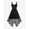 Rosegal Women Plus Size Gothic Lace-up PU Cross Skulls Lace Panel Asymmetrical High Low Midi Dress Rivets Straps Punk Dress(Black_1)