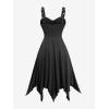 Rosegal Women Plus Size Gothic Sleeveless Dress Rose Floral Lace-up Layered Handkerchief Hem Midi Swing Dress(Black)