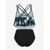 Rosegal Women Plus Size Gothic Tankini Swimsuit Celestial Sun Moon Print Crisscross Flounce Two Piece Bathing Suit(Green_5)