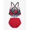 Rosegal Women Plus Size High Waisted Bikini Skull Rose Print Two Piece Bathing Suits Tummy Control Swimwear(Red)