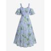 Rosegal Women Plus Size Summer Cold Shoulder Floral Sundress Ruffle Split Hem Cottagecore Maxi Flowy Vacation Dress(Light Blue)