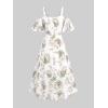 Rosegal Women Plus Size Summer Cold Shoulder Floral Sundress Ruffle Split Hem Cottagecore Maxi Flowy Vacation Dress(White)
