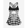 Rosegal Womens Plus Size Gothic Skull Plaid Padded Boyleg Strappy Modest Tankini Swimsuit Set(Black)