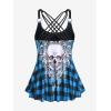 Rosegal Womens Plus Size Gothic Skull Plaid Padded Boyleg Strappy Modest Tankini Swimsuit Set(Blue)