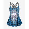 Rosegal Womens Plus Size Gothic Skull Plaid Padded Boyleg Strappy Modest Tankini Swimsuit Set(Blue)