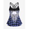 Rosegal Womens Plus Size Gothic Skull Plaid Padded Boyleg Strappy Modest Tankini Swimsuit Set(Blue_10)
