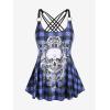 Rosegal Womens Plus Size Gothic Skull Plaid Padded Boyleg Strappy Modest Tankini Swimsuit Set(Blue_10)