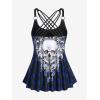Rosegal Womens Plus Size Gothic Skull Plaid Padded Boyleg Strappy Modest Tankini Swimsuit Set(Blue_11)