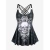 Rosegal Womens Plus Size Gothic Skull Plaid Padded Boyleg Strappy Modest Tankini Swimsuit Set(Deep Gray)