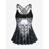Rosegal Womens Plus Size Gothic Skull Plaid Padded Boyleg Strappy Modest Tankini Swimsuit Set(Deep Gray)