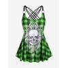 Rosegal Womens Plus Size Gothic Skull Plaid Padded Boyleg Strappy Modest Tankini Swimsuit Set(Green)