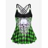 Rosegal Womens Plus Size Gothic Skull Plaid Padded Boyleg Strappy Modest Tankini Swimsuit Set(Green)