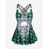 Rosegal Womens Plus Size Gothic Skull Plaid Padded Boyleg Strappy Modest Tankini Swimsuit Set(Green_11)