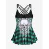 Rosegal Womens Plus Size Gothic Skull Plaid Padded Boyleg Strappy Modest Tankini Swimsuit Set(Green_11)