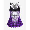 Rosegal Womens Plus Size Gothic Skull Plaid Padded Boyleg Strappy Modest Tankini Swimsuit Set(Purple)