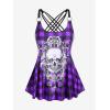 Rosegal Womens Plus Size Gothic Skull Plaid Padded Boyleg Strappy Modest Tankini Swimsuit Set(Purple)
