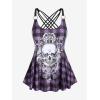 Rosegal Womens Plus Size Gothic Skull Plaid Padded Boyleg Strappy Modest Tankini Swimsuit Set(Purple_10)