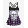 Rosegal Womens Plus Size Gothic Skull Plaid Padded Boyleg Strappy Modest Tankini Swimsuit Set(Purple_10)