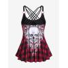 Rosegal Womens Plus Size Gothic Skull Plaid Padded Boyleg Strappy Modest Tankini Swimsuit Set(Red)