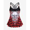 Rosegal Womens Plus Size Gothic Skull Plaid Padded Boyleg Strappy Modest Tankini Swimsuit Set(Red_2)