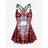 Rosegal Womens Plus Size Gothic Skull Plaid Padded Boyleg Strappy Modest Tankini Swimsuit Set(Red_2)