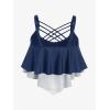 Rosegal Womens Plus Size Skeleton Print Flounce Crisscross Strappy Tankini Swimwear Set(Blue)