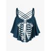 Rosegal Womens Plus Size Skeleton Print Flounce Crisscross Strappy Tankini Swimwear Set(Green)