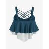 Rosegal Womens Plus Size Skeleton Print Flounce Crisscross Strappy Tankini Swimwear Set(Green)