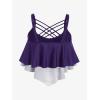 Rosegal Womens Plus Size Skeleton Print Flounce Crisscross Strappy Tankini Swimwear Set(Purple)