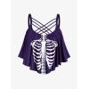 Rosegal Womens Plus Size Skeleton Print Flounce Crisscross Strappy Tankini Swimwear Set(Purple)